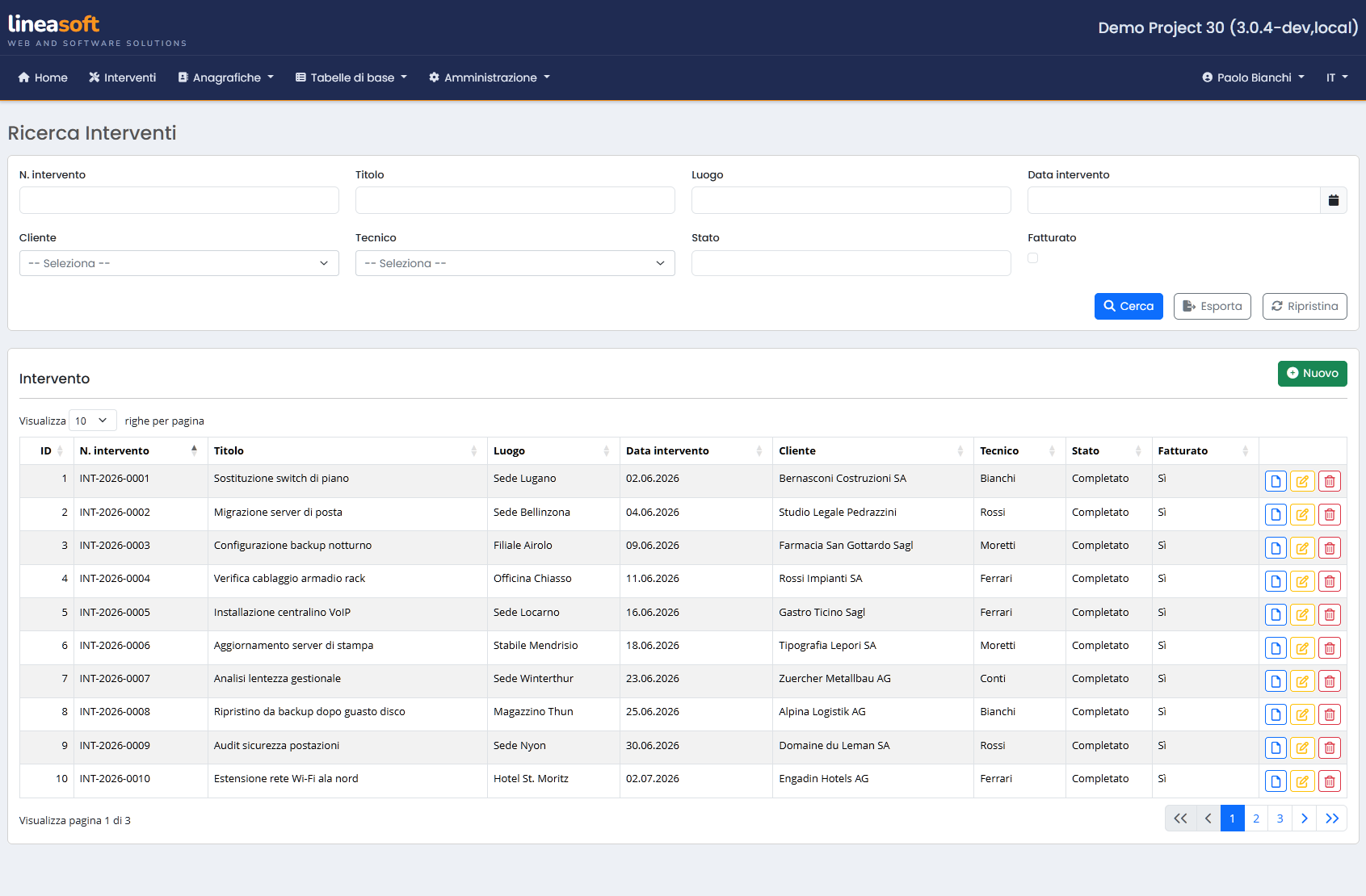 Schermata di ricerca di un'applicazione gestionale Lineasoft